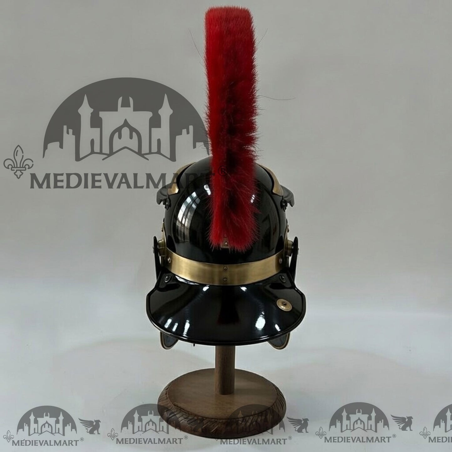 MEDIEVALMART Gallic Roman Centurion Black Finish Helmet Replica Red Plume with Free Stand