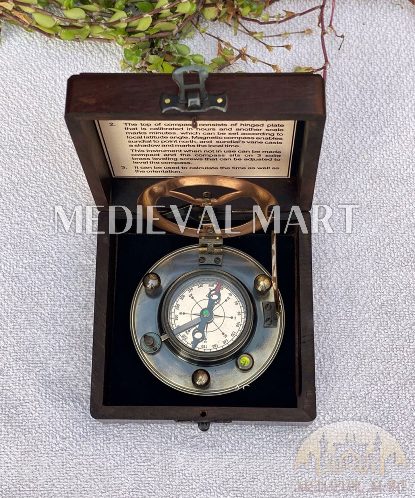 MEDIEVALMART “AstraDial” Antique Brass Sundial Compass (1885 Replica) W/H Dark “VintageVault” Case | Gifts For Mom & Dad