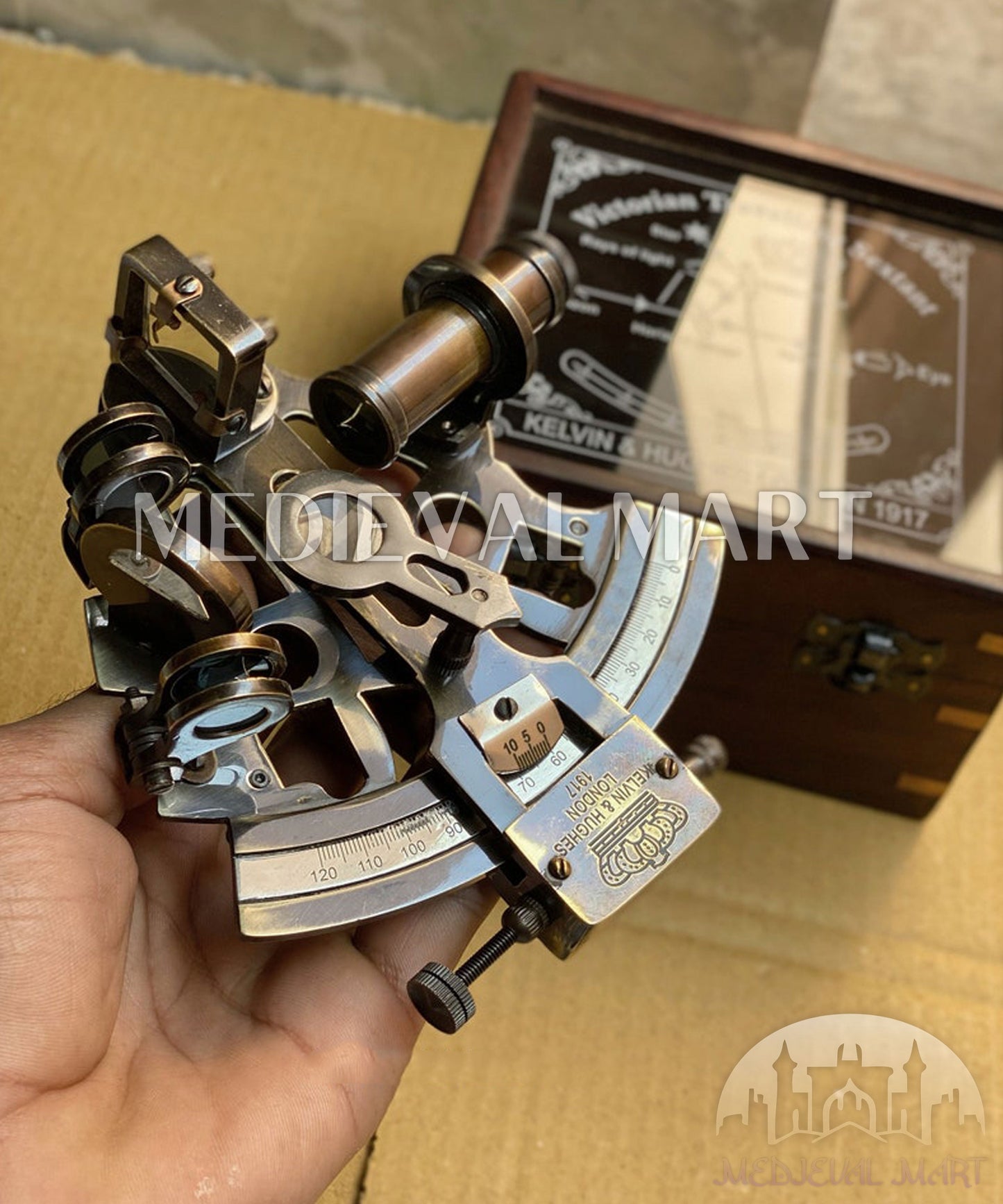 MEDIEVALMART Nautical Working Brass Kelvin Sextant W/H Transparent Wooden Case | Vintage Maritime Precision Astrolabe Ship Instrument, Christmas Gifts