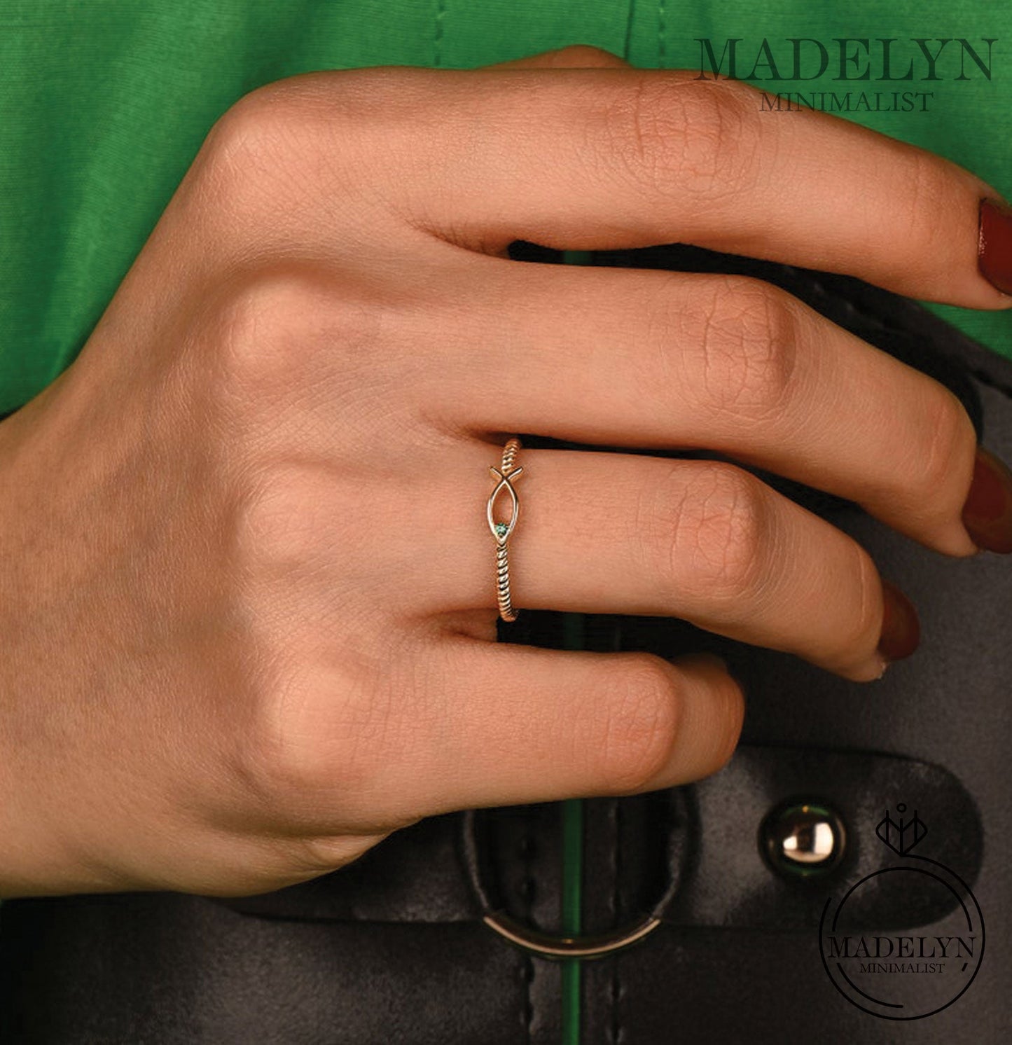 MADELYN MINIMALIST 14k Solid Gold Ichthus Ring, Dainty Christian Ring, Tiny Emerald Ring | Gift for Mom, Grandma