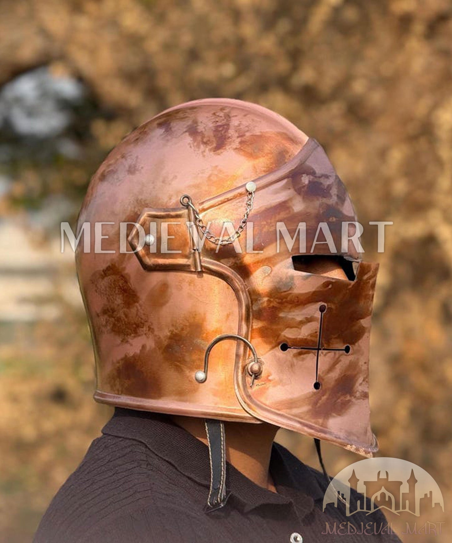 MEDIEVALMART Medieval Knight Armor 18g Mild Steel Copper Commando Barbuta Helmet for LARP or Cosplay - Gift For Dad