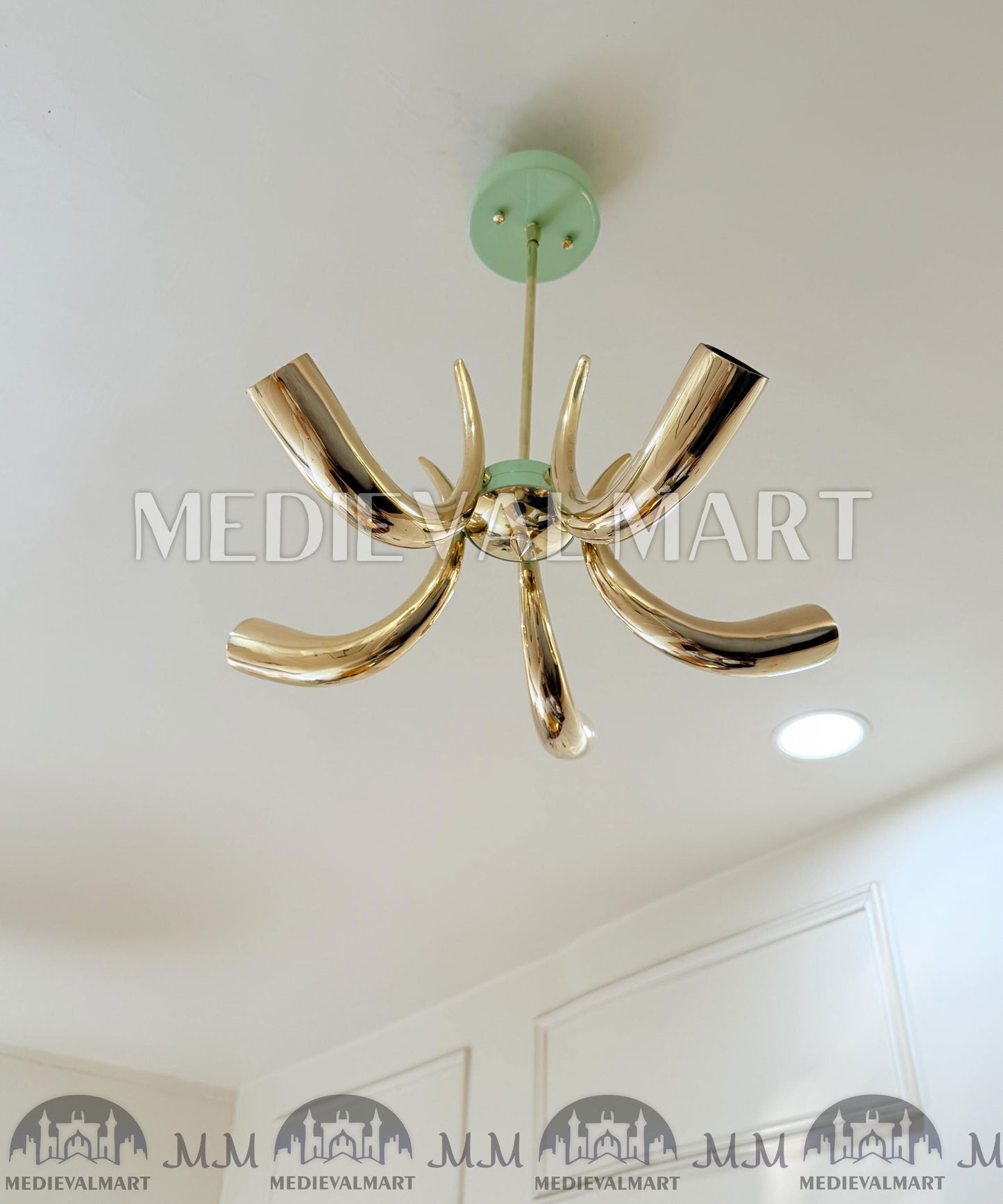 MEDIEVALMART Handmade Brass 5-Arm Chandelier | Mid-Century Modern Light Fixture