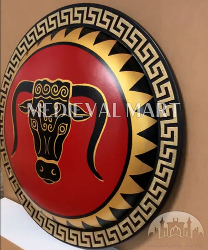 MEDIEVALMART Iconic Brazen Bull Ancient Greek Hoplite Battleworn Metal/Brass Shield | Gifts For Dad