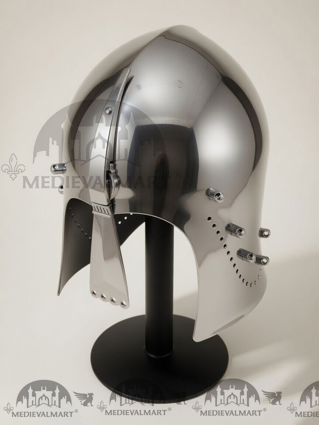 MEDIEVALMART Medieval Great Bascinet Helmet – Polished Steel Knight Helmet for Reenactment & LARP