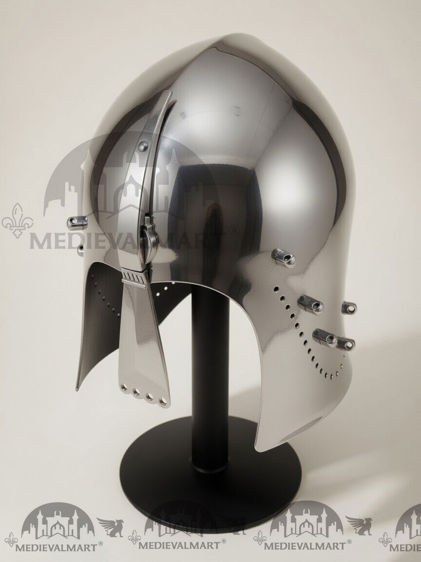 MEDIEVALMART Medieval Great Bascinet Helmet – Polished Steel Knight Helmet for Reenactment & LARP