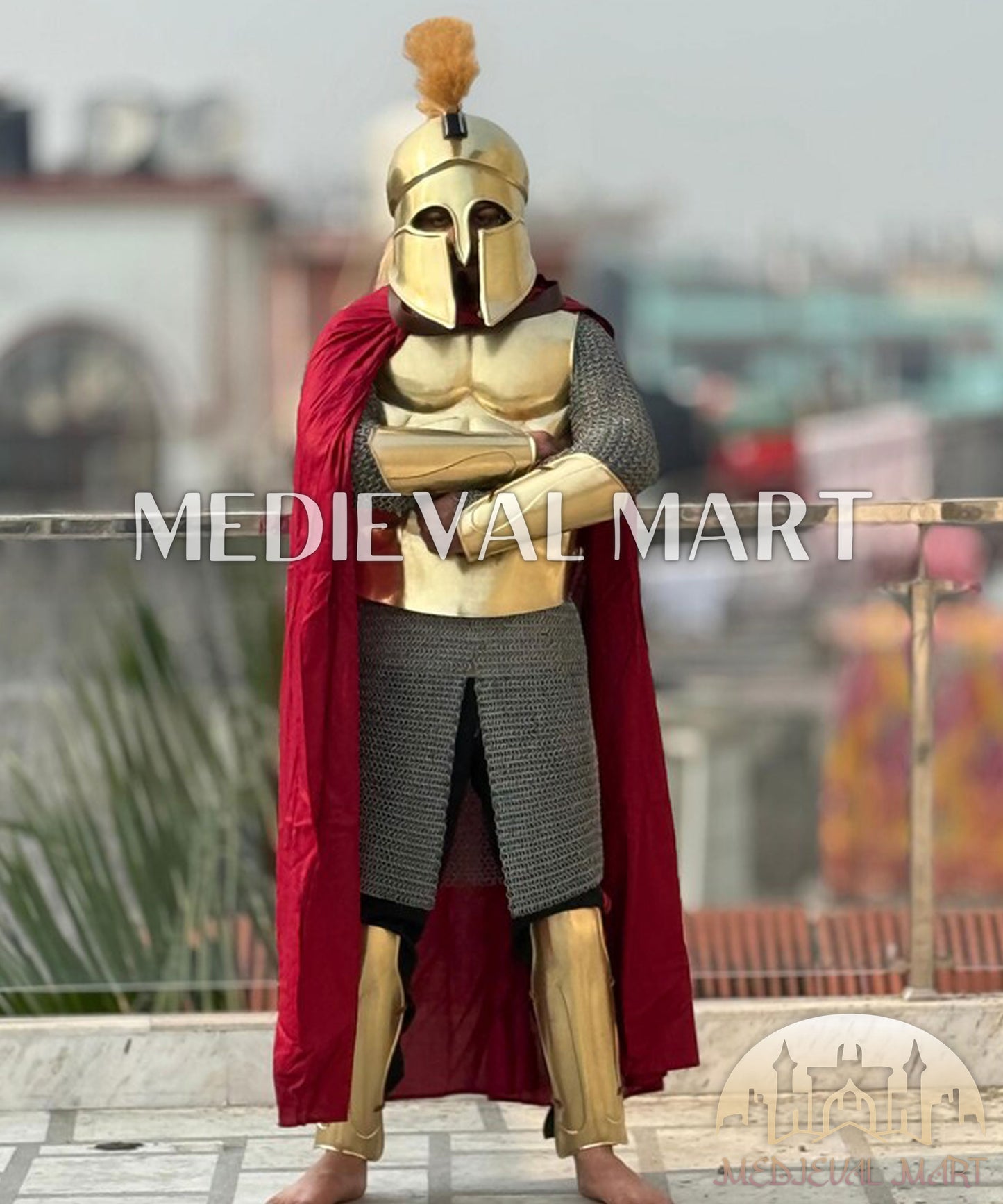 MEDIEVALMART Medieval Spartan Greek Full Costume Gold Finish with chainmail