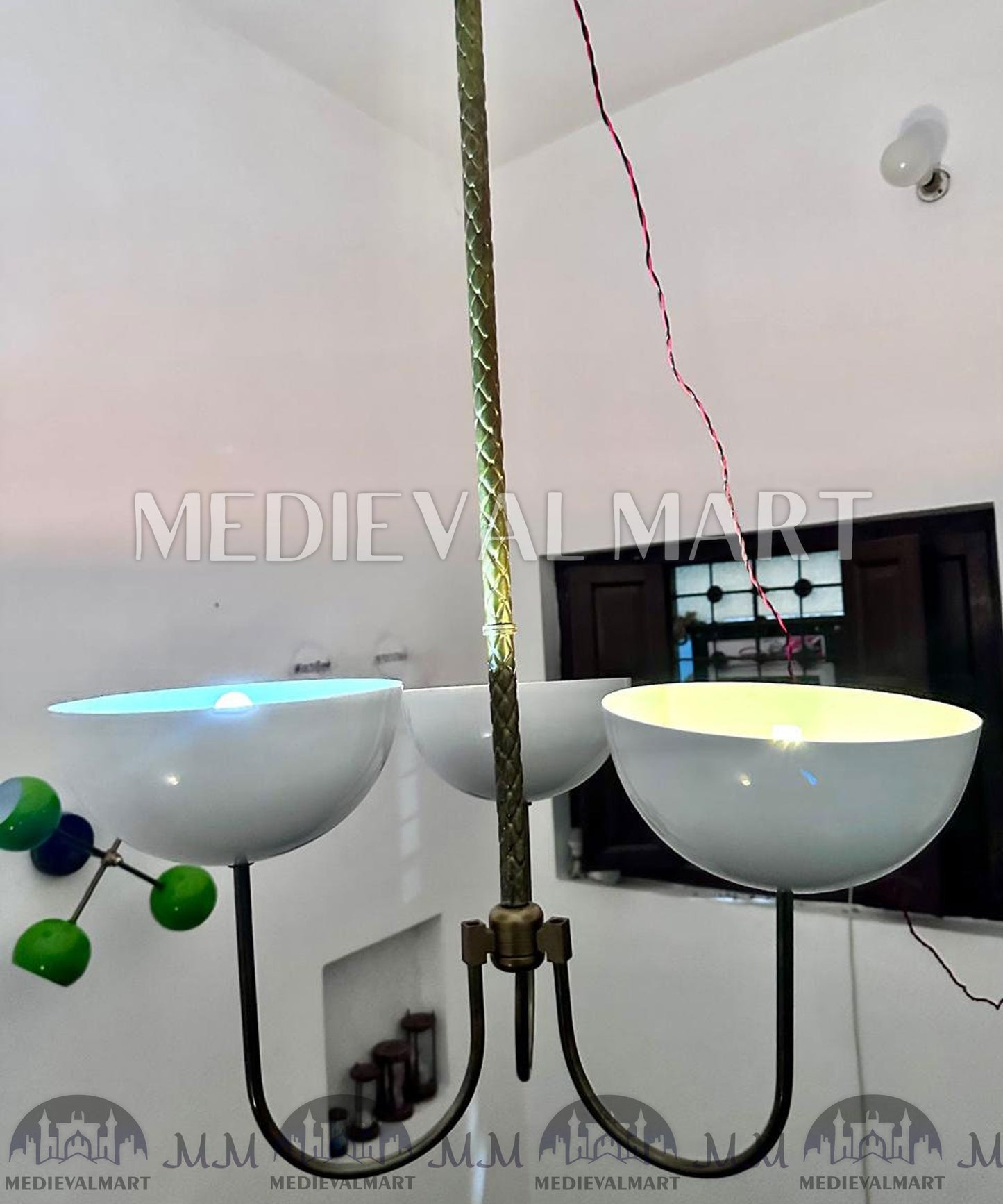 MEDIEVALMART Mid Century Modern Brass White Chandelier: 3-Light Dome Pendant