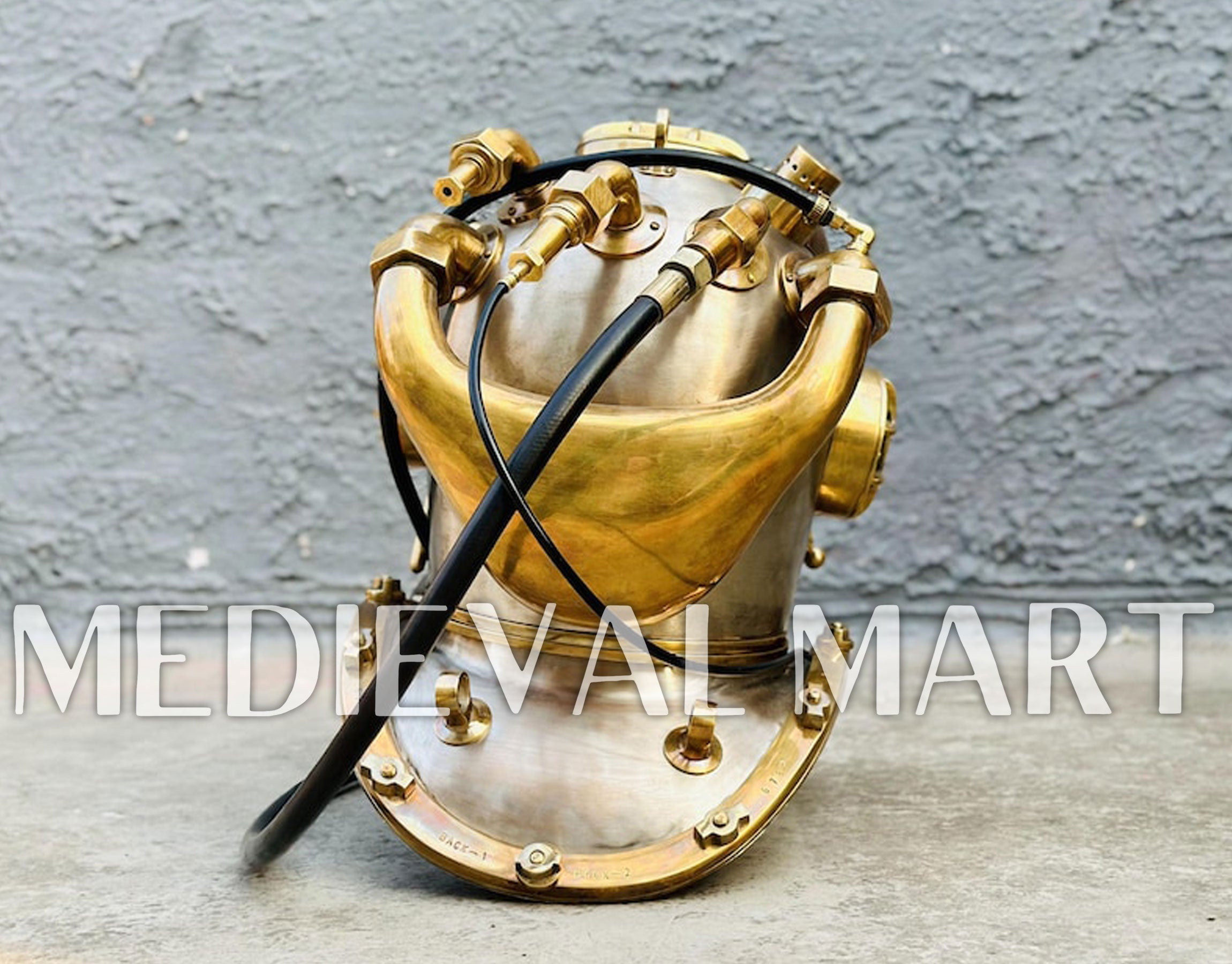 MEDIEVALMART  1945 US Navy Helium Copper brass Diving Helmet With Wooden Base