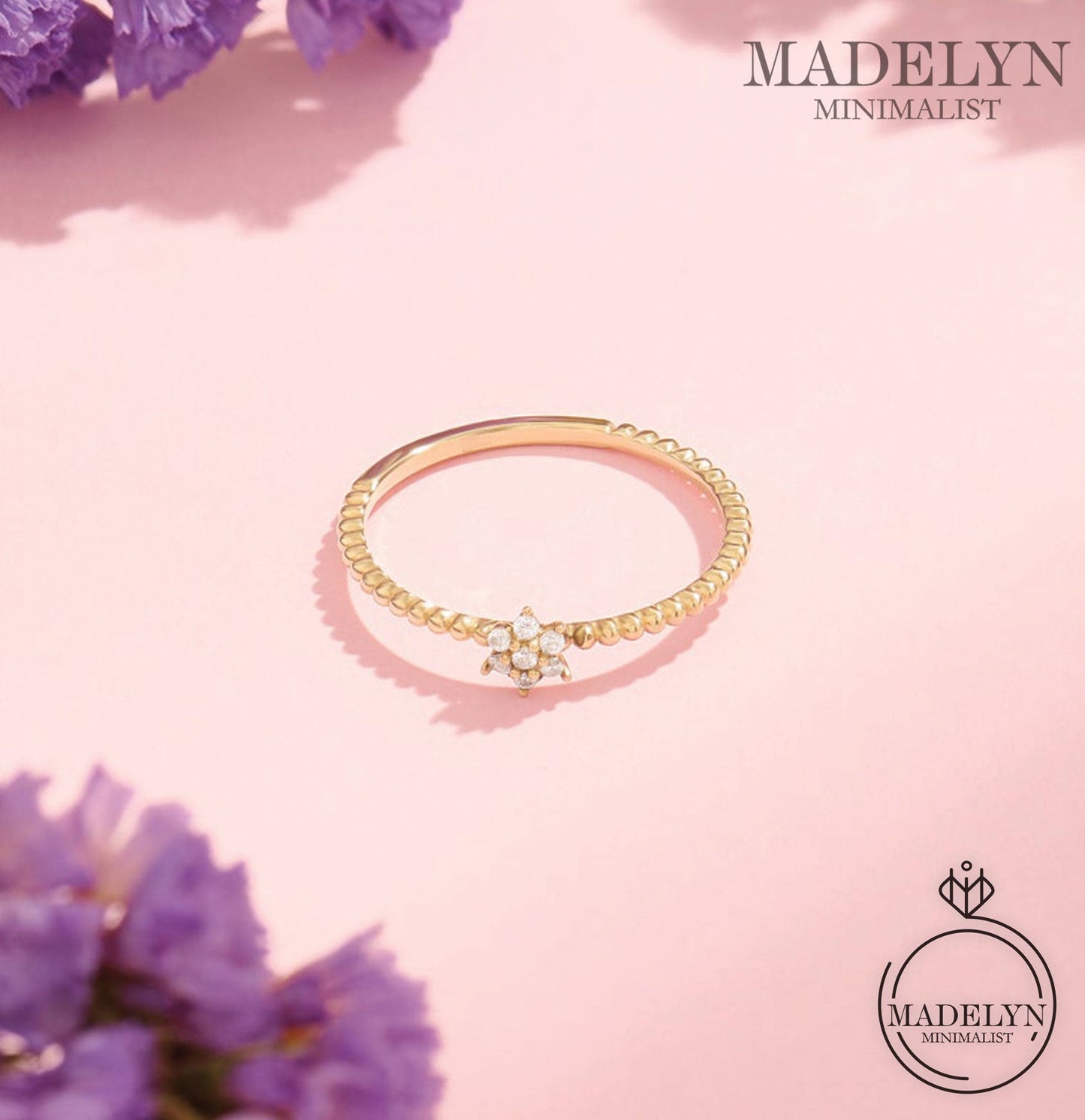 MADELYN MINIMALIST 14k Solid Gold Tiny Flower Promise & Solid Gold Cute Engagement Ring | Gift For Her, Mother