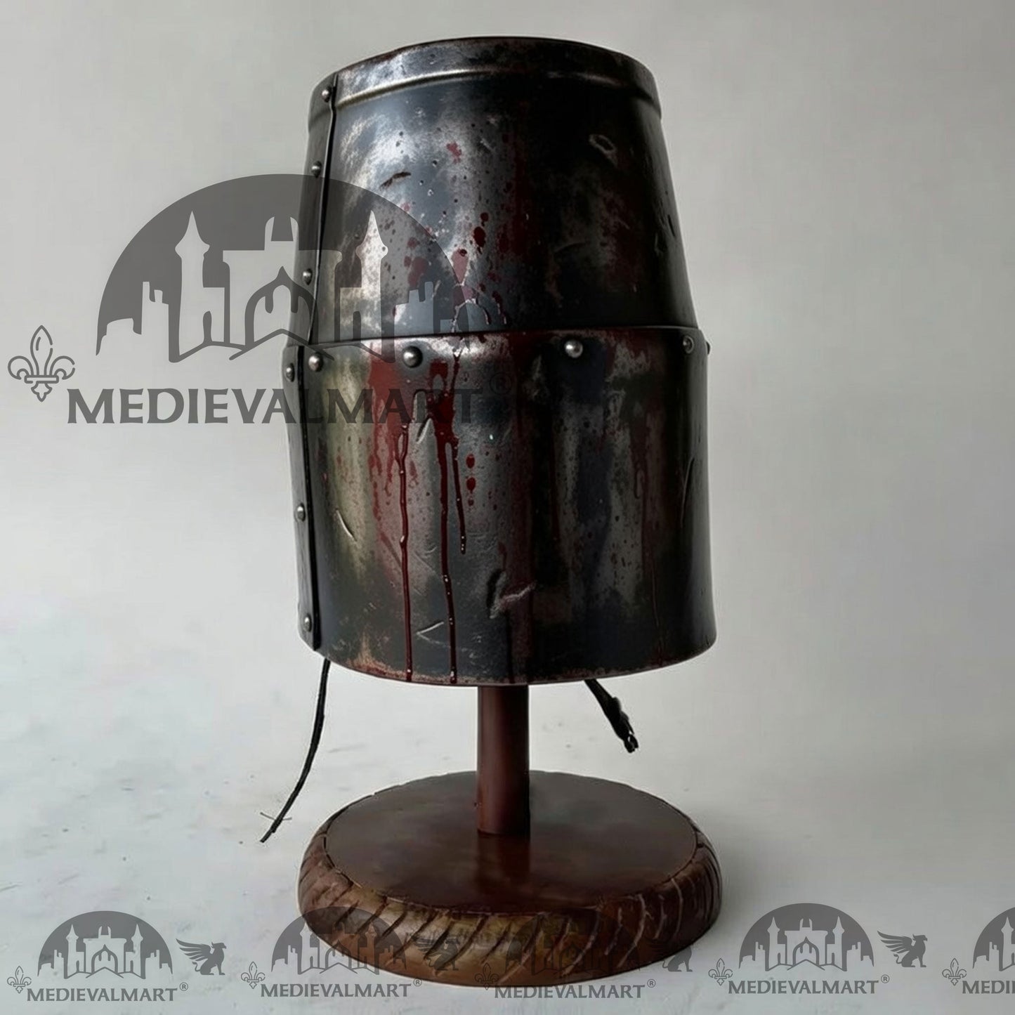 MEDIEVALMART Special Templar Crusader Knight Damage Black W/H Blood Finish Helmet W/H Free Stand