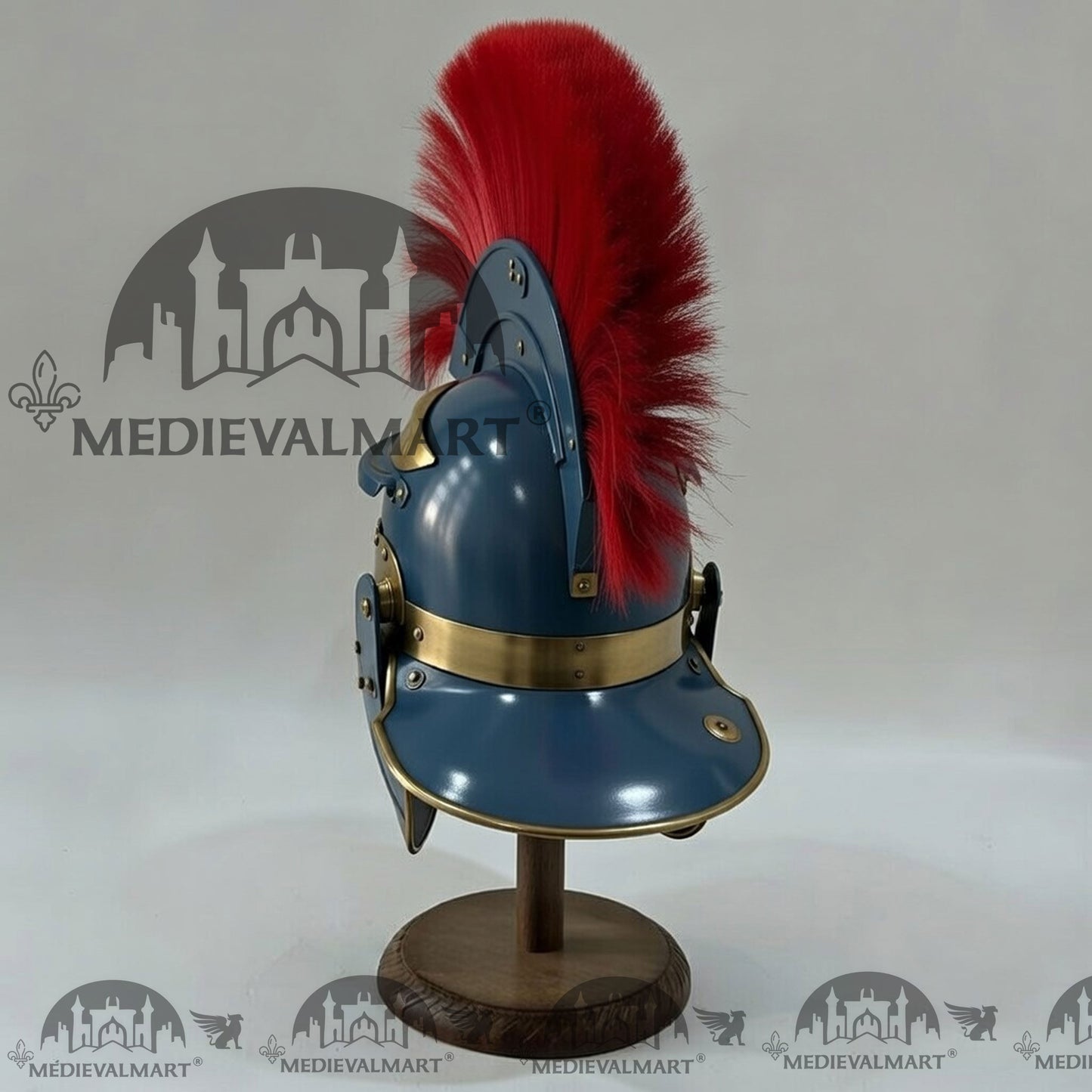 MEDIEVALMART Gallic Roman Centurion Ocean Blue Finish Helmet Replica Red Plume with Free Stand