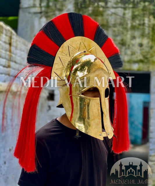 MEDIEVALMART "7th Cen BCE" Greek Corinthian Gold Finish Full Size Royal Helmet W/H Plume or Free Stand | Greek Props