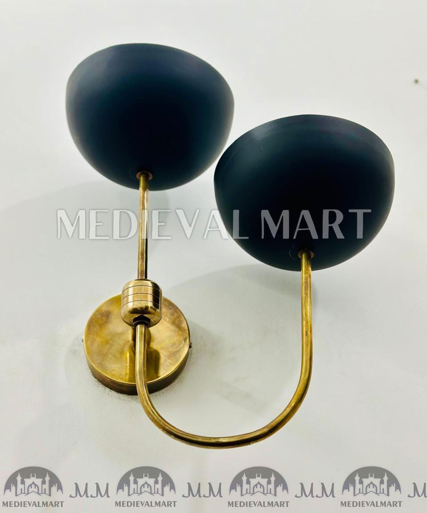MEDIEVALMART Handmade Brass Mid Century Wall Sconce - Matte Black Bowl Sconce