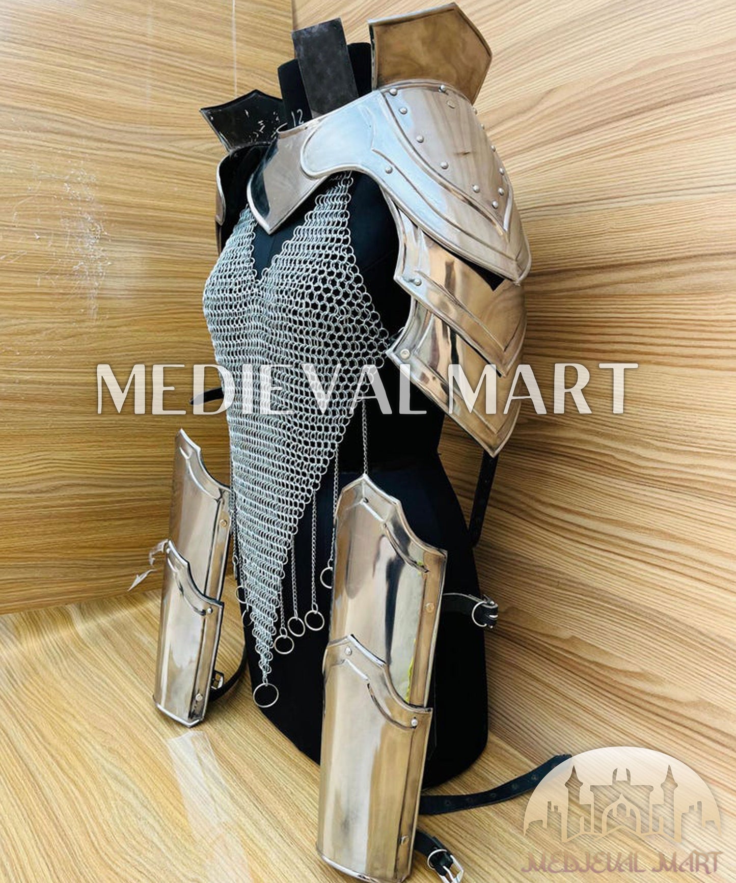 MEDIEVALMART (Isolara Dragonplate) Women’s Armor W/H Silver (DragonFang) Chainmail + Arms Armor