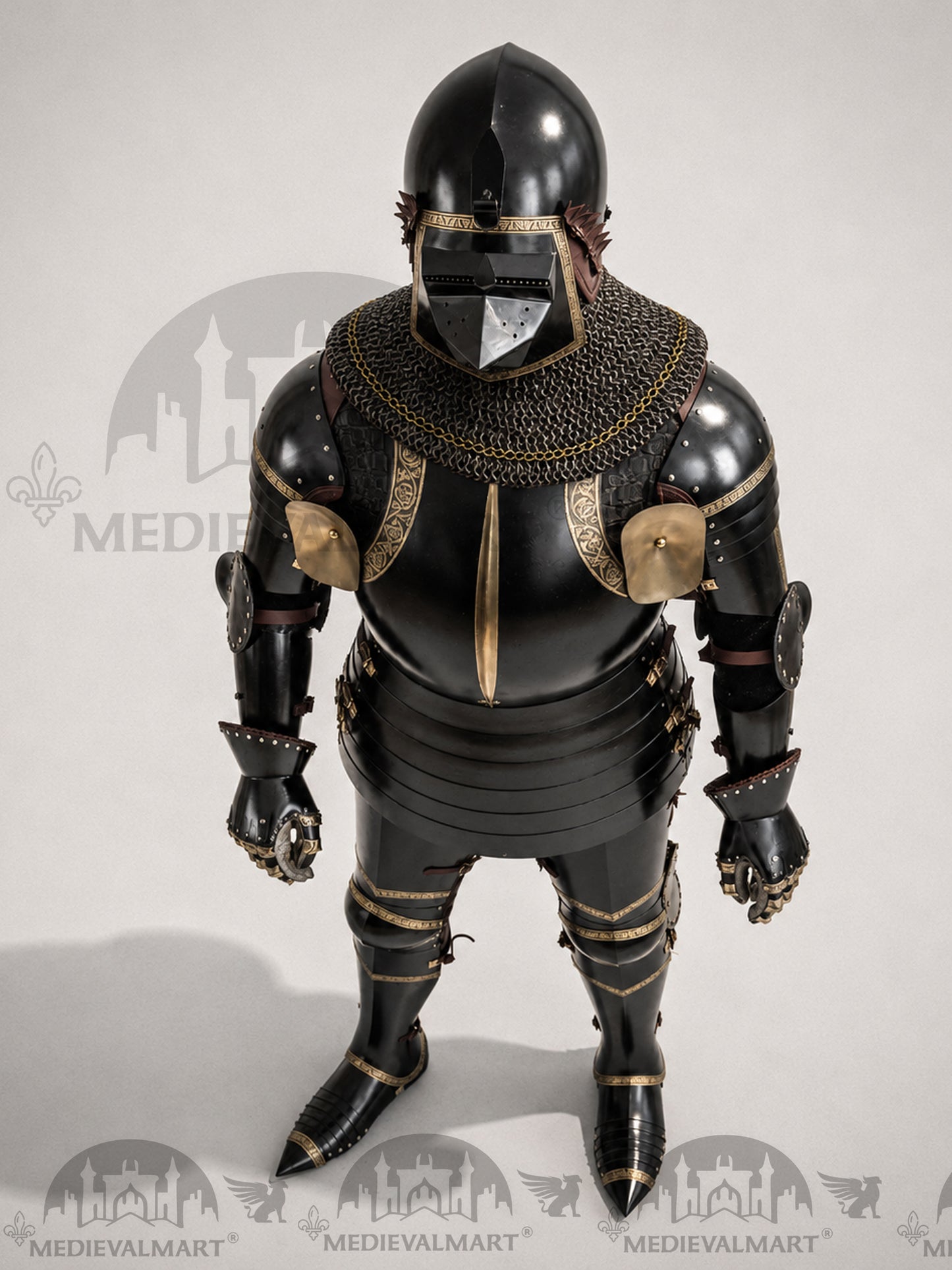 MEDIEVALMART Dark Paladin Imperial Guard Knight  Black & Brass Deco Full Body Metal Armor Costume W/H Houndskull