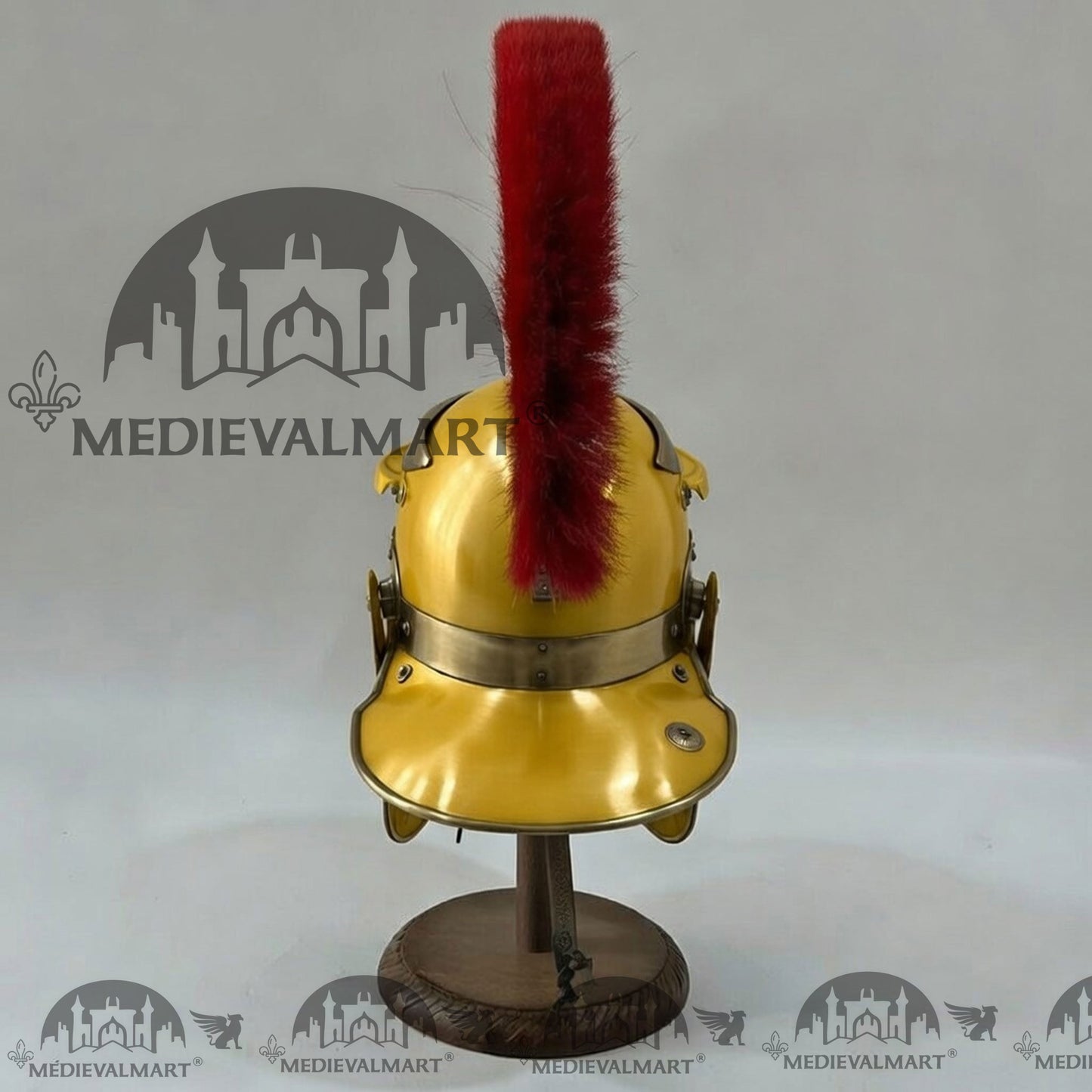 MEDIEVALMART Gallic Roman Centurion Yellow Finish Helmet Replica Red Plume with Free Stand