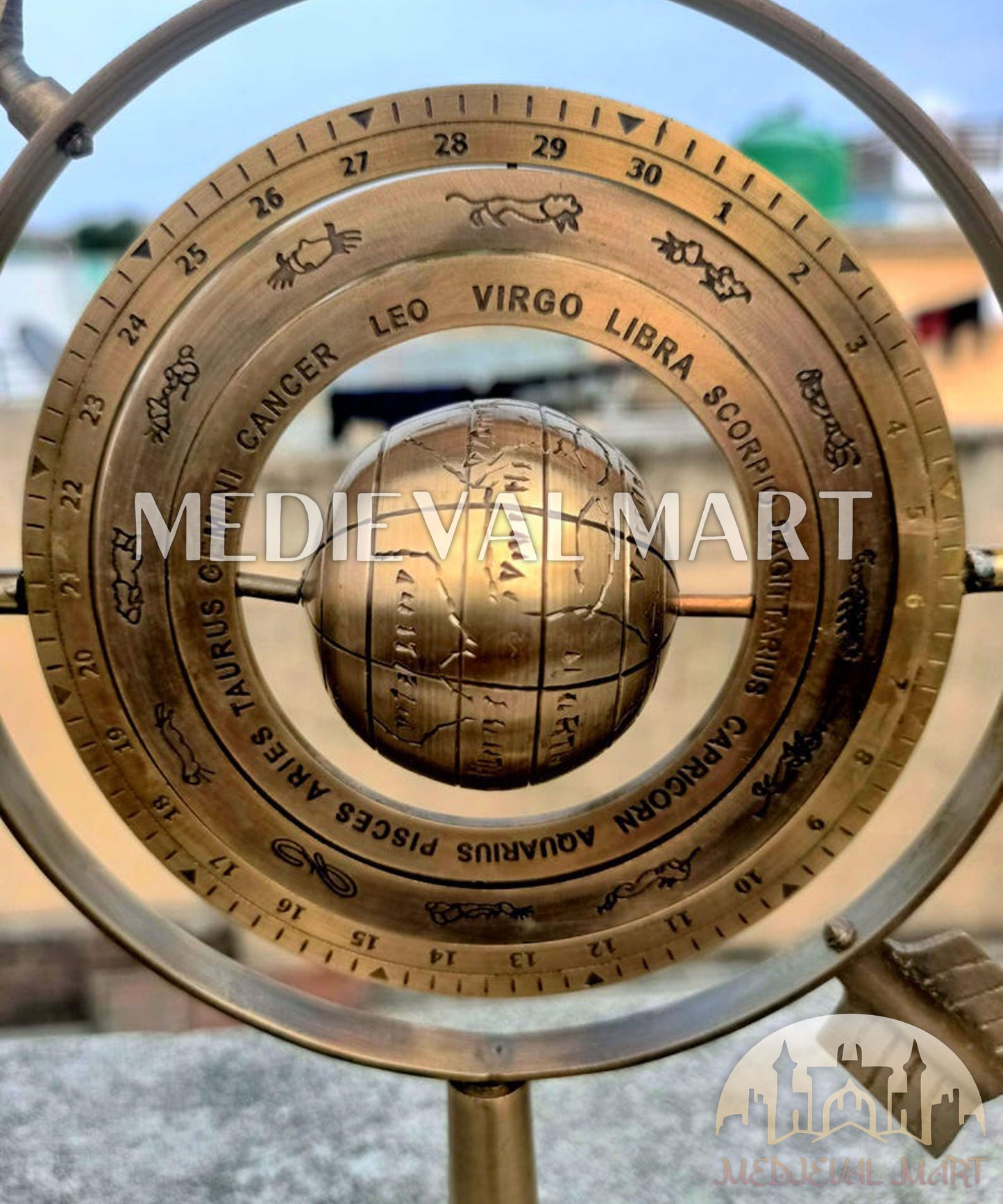 MEDIEVALMART Handmade Brass Armillary Sphere with Arrow: Nautical Astrolabe Globe Gift For Dad