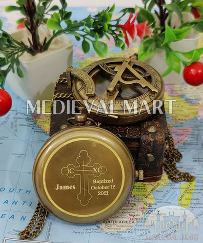 MEDIEVALMART Nautical Vintage Brass Sundial Pocket Compass Gold Finish W/H Gen-3 Pandora Case | Gift For Mom & Dad