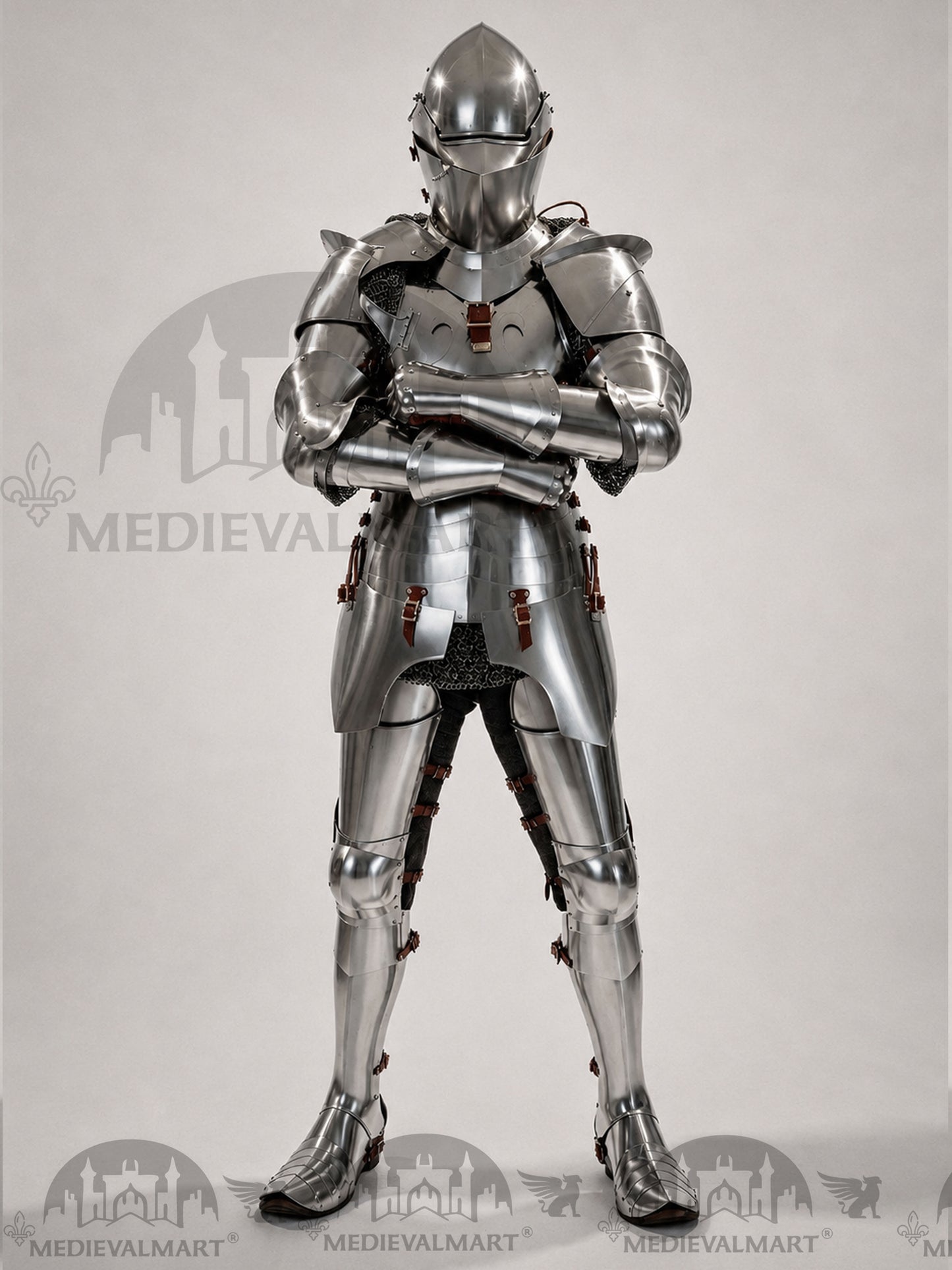 MEDIEVALMART 14th-Cen European English Hardend Steel Plate Armor Buff Polish W/H Houndskull Closed Bascinet