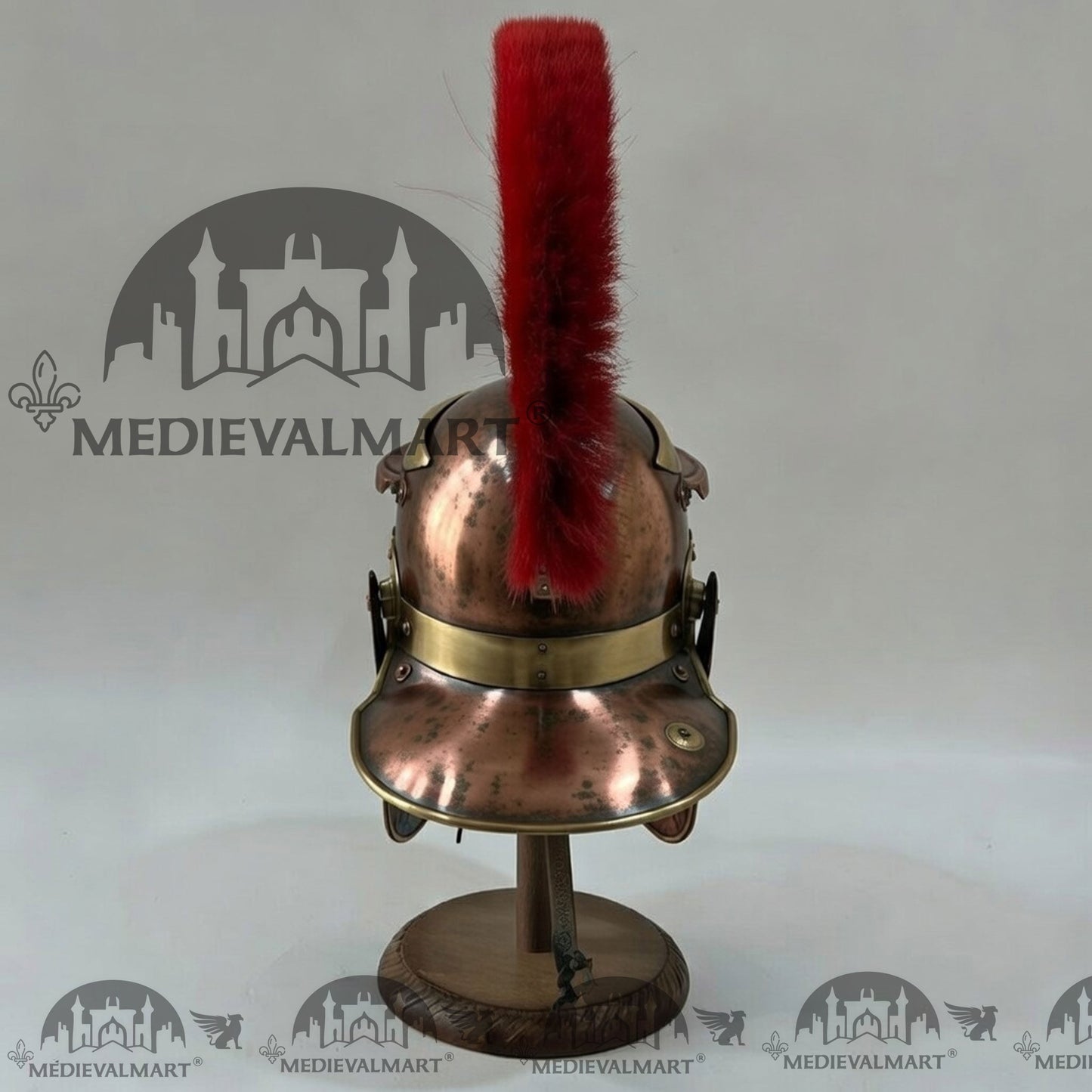 MEDIEVALMART Gallic Roman Centurion Antique Copper Finish Helmet Replica Red Plume with Free Stand