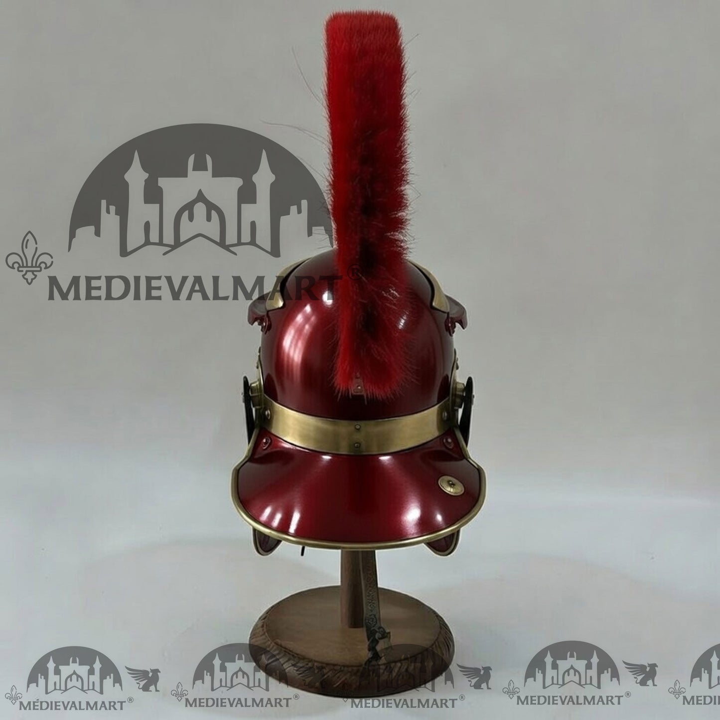MEDIEVALMART Gallic Roman Centurion Maroon Red Finish Helmet Replica Red Plume with Free Stand