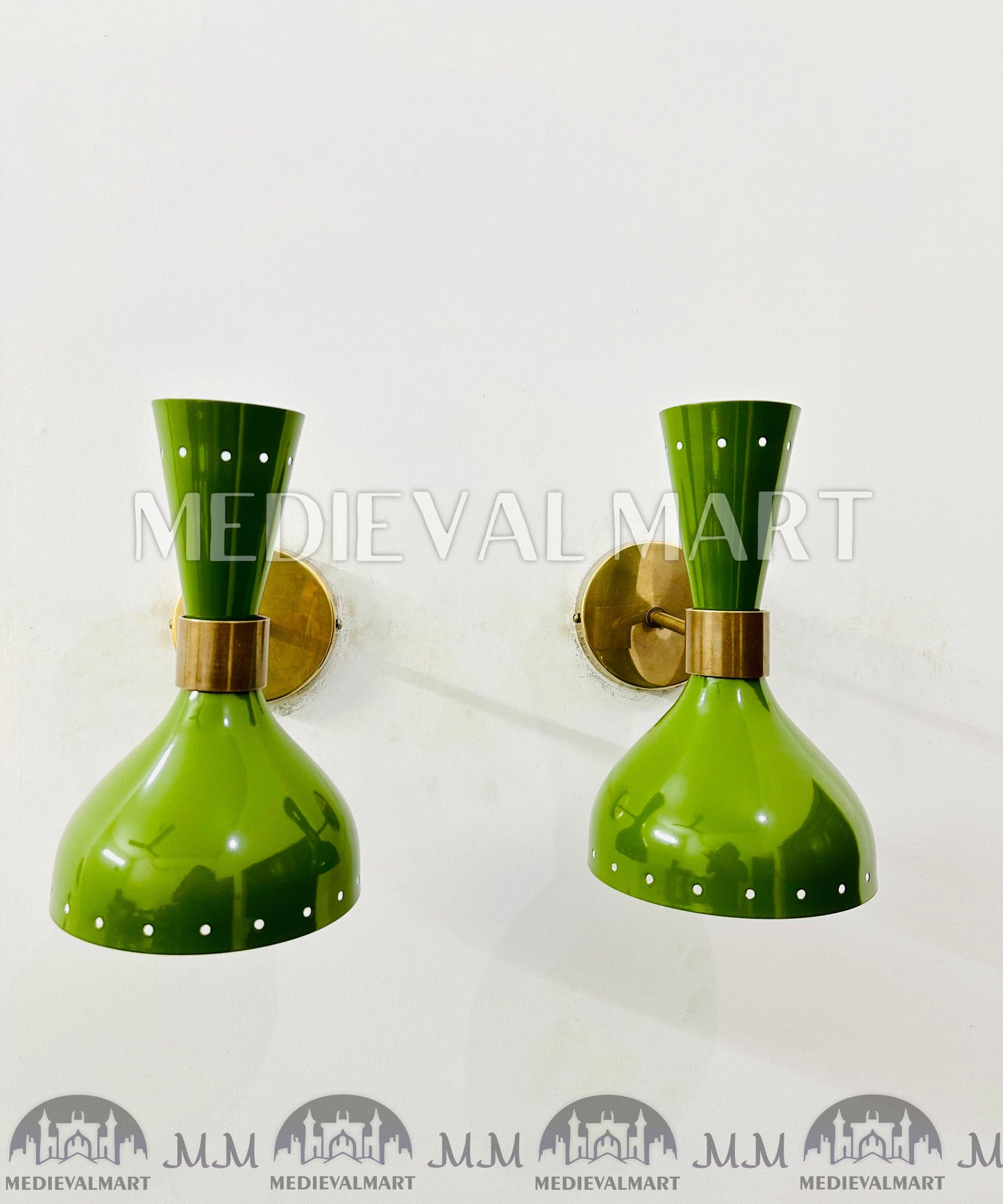 MEDIEVALMART 1950s Brass Mid Century Italian Diabolo Green Wall Scones Light