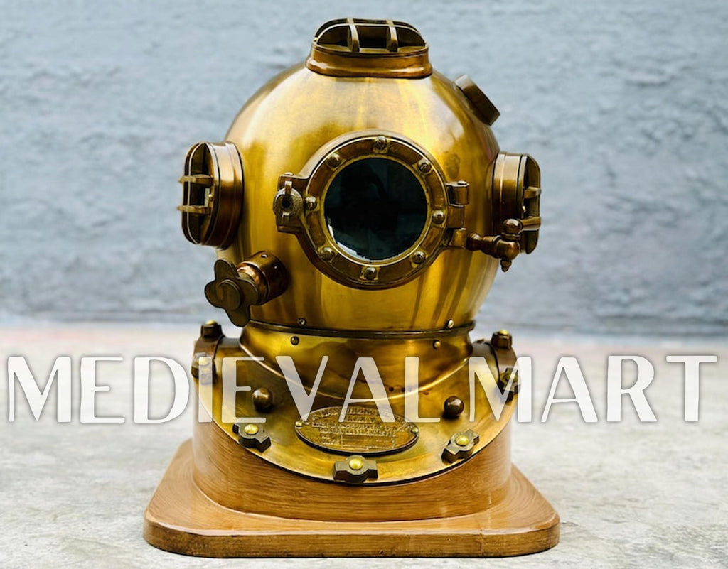 MEDIEVALMART Antique Gold Finish Diving Helmet With Wooden Base