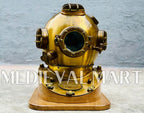 MEDIEVALMART Antique Gold Finish Diving Helmet With Wooden Base
