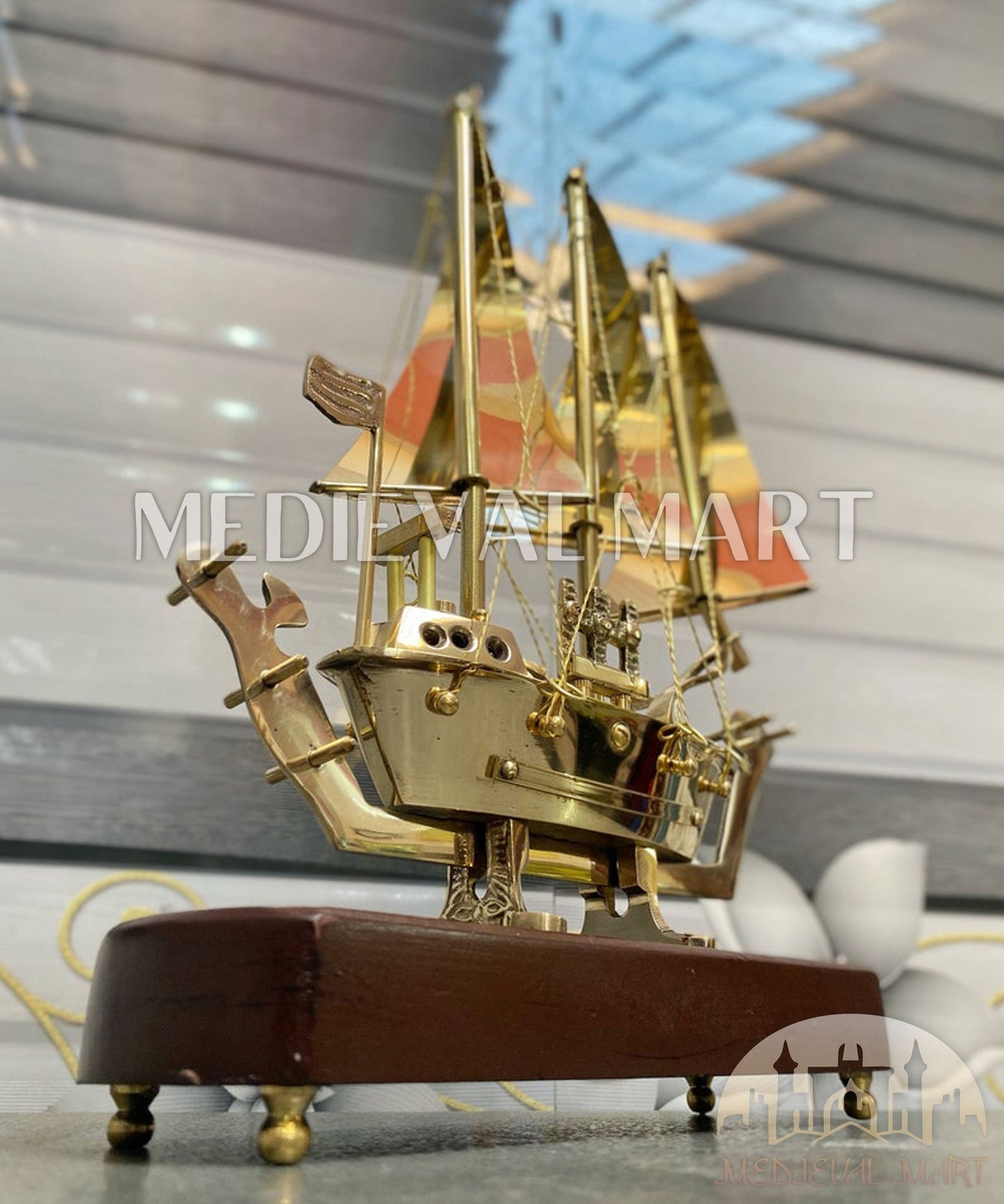 MEDIEVALMART Brass Decorative Ship W/H Wooden Base | Fully Brass Maritime Majesty Handcrafted Ship, Christmas Gifts
