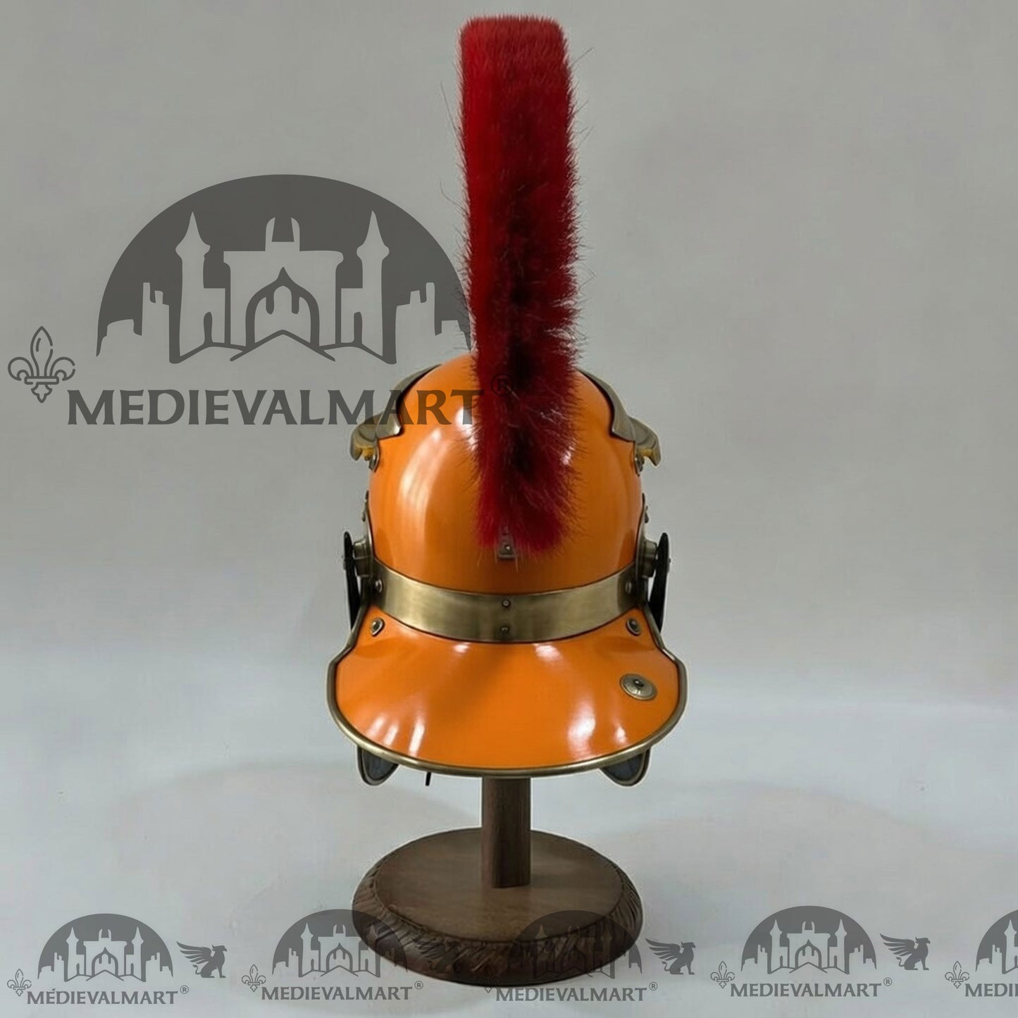 MEDIEVALMART Gallic Roman Centurion Orange Finish Helmet Replica Red Plume with Free Stand