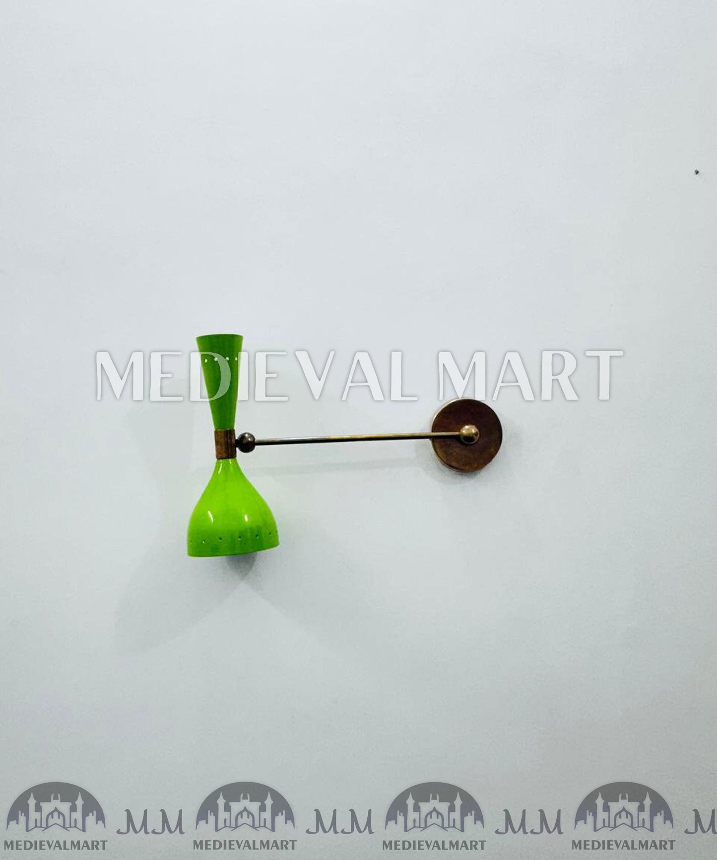 MEDIEVALMART 1950s Italian Diabolo Wall Sconce: Mid-Century Olive Green Brass Light