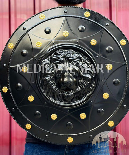 MEDIEVALMART Medieval Spartan Exclusive Gold Lion Face Shield W/H Black Finish | Gift for Dad
