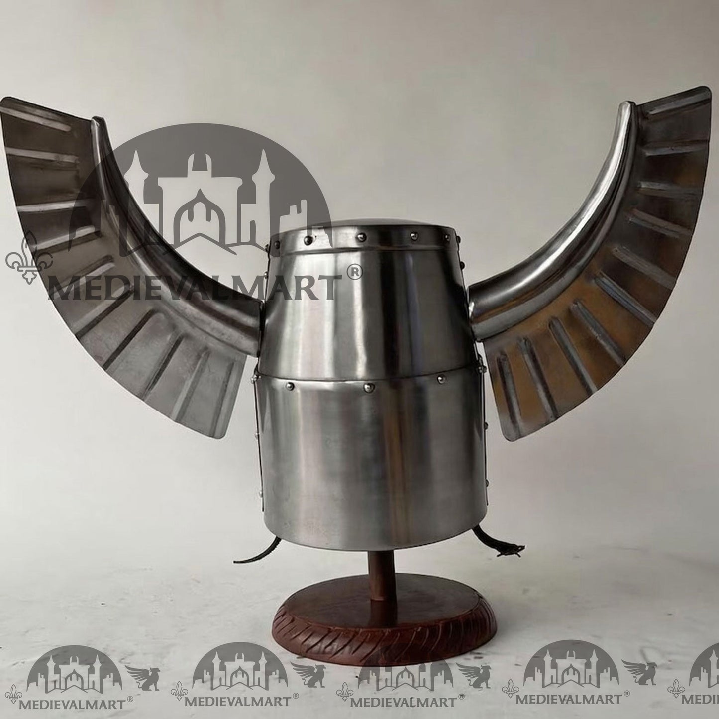 MEDIEVALMART Medieval Templar Warrior Teutonic Wing Helmet Silver Finish with Free Stand
