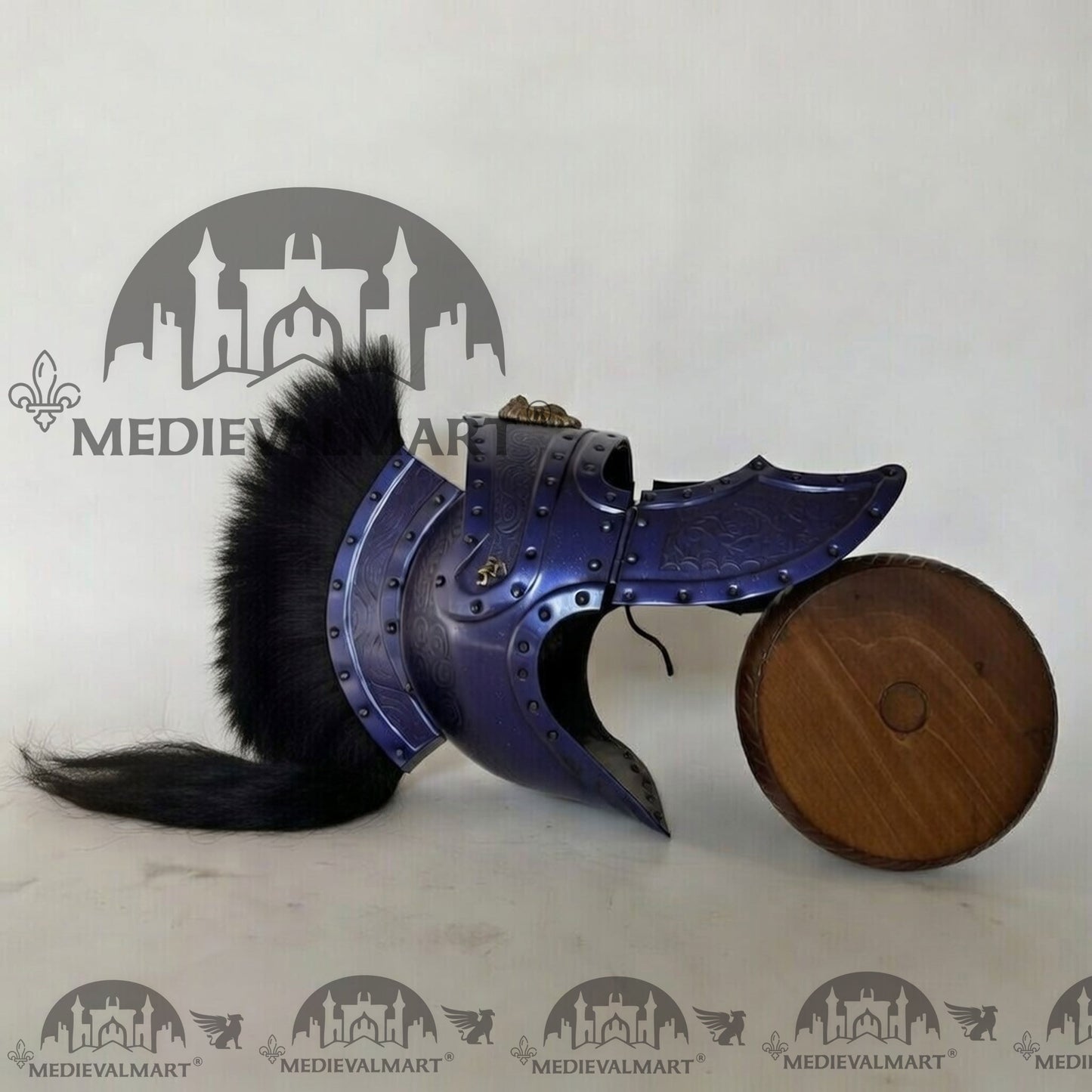 MEDIEVALMART Medieval Roman Centurion Blue Finish Helmet with Black Plume or Free Wooden Stand