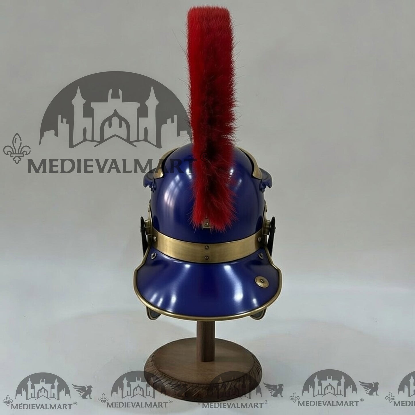 MEDIEVALMART Gallic Roman Centurion Blue Finish Helmet Replica Red Plume with Free Stand