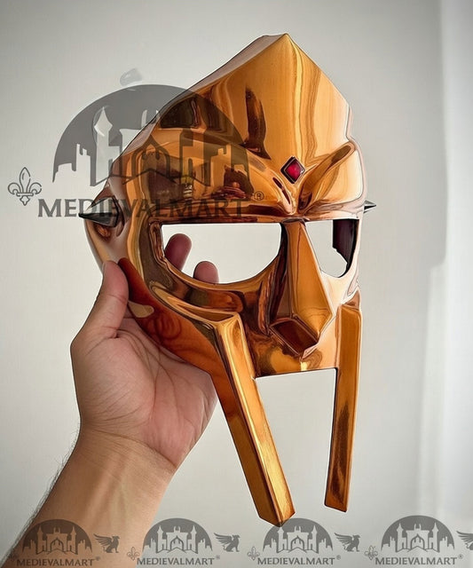 MEDIEVALMART PREMIUM MF DOOM Mask Mad Villain Orange Gold Finish Steel Face Armor