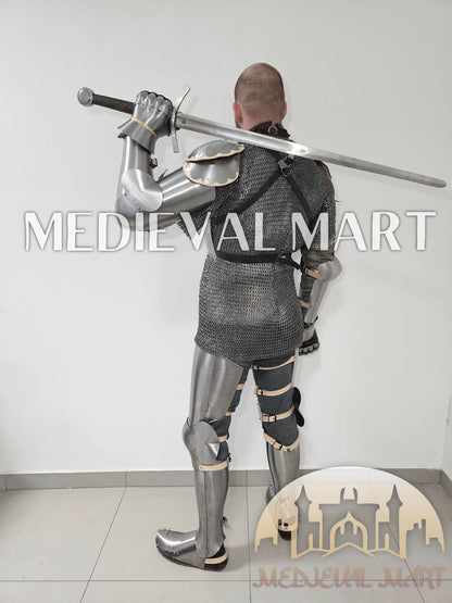 MEDIEVALMART 14th-Century Authentic Combat Full Plate Armor W/H Sword & Chainmail Inner