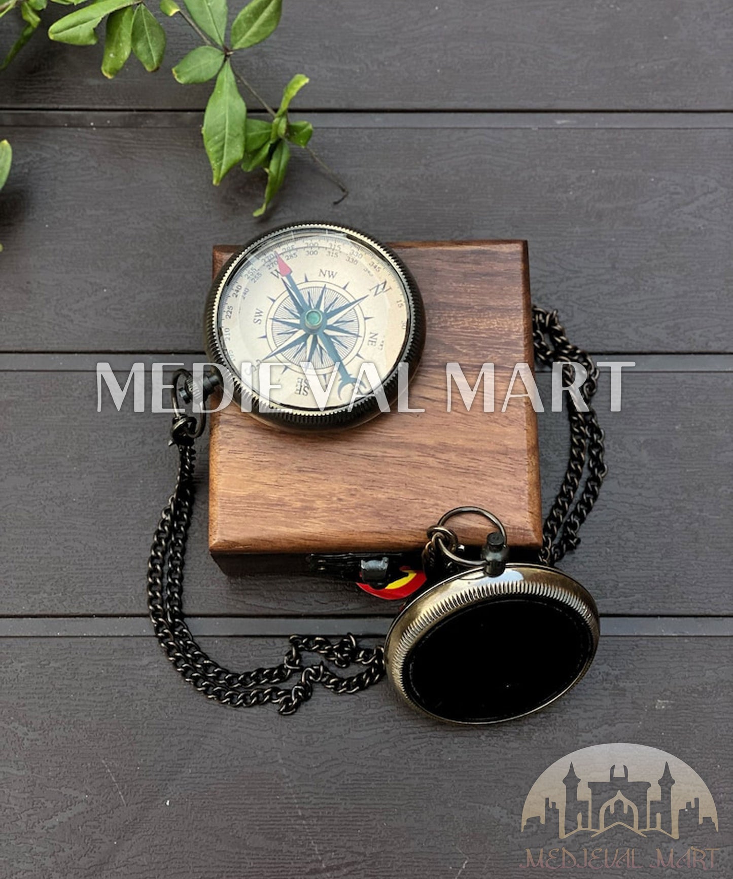 MEDIEVALMART Nautical Custom Engrave Adventure Locket Compass Black Finish W/H Gen-1 Wooden Case| Gift For Dad