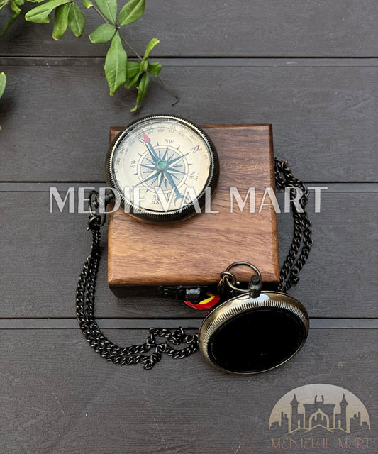 MEDIEVALMART Nautical Custom Engrave Adventure Locket Compass Black Finish W/H Gen-1 Wooden Case| Gift For Dad