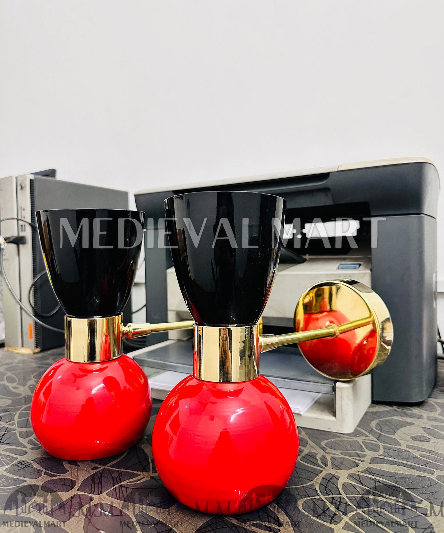 MEDIEVALMART Red Diabolo Wall Sconce Pair: Mid Century Italian Style Bedside Lamp