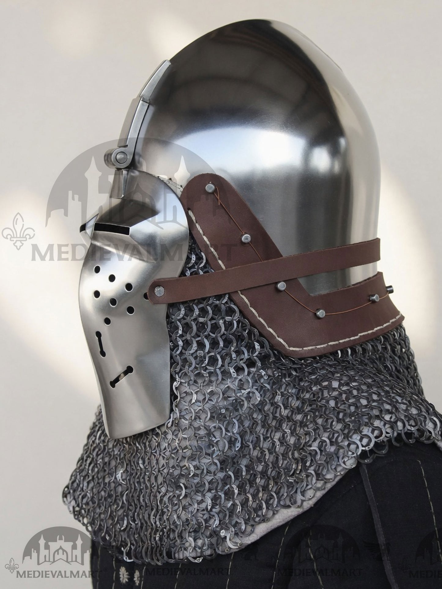 MEDIEVALMART Medieval Klappvisier Bascinet Helmet with Hinged Visor & Chainmail Aventail, Best for Reenactment