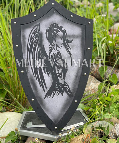 MEDIEVALMART Medieval Templar Devil Angel Inspired Wooden Shield Black & Siver Finish | Gift for Christmas Day