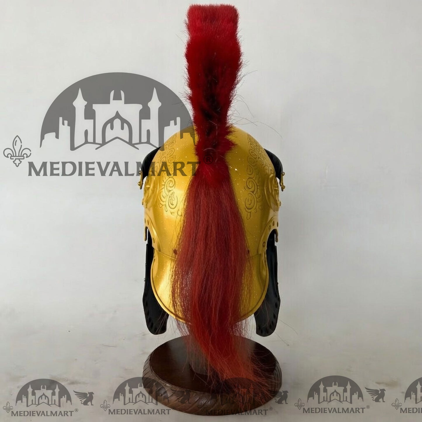 MEDIEVALMART Medieval Roman Centurion Yellow Finish Helmet with Red Plume or Free Wooden Stand
