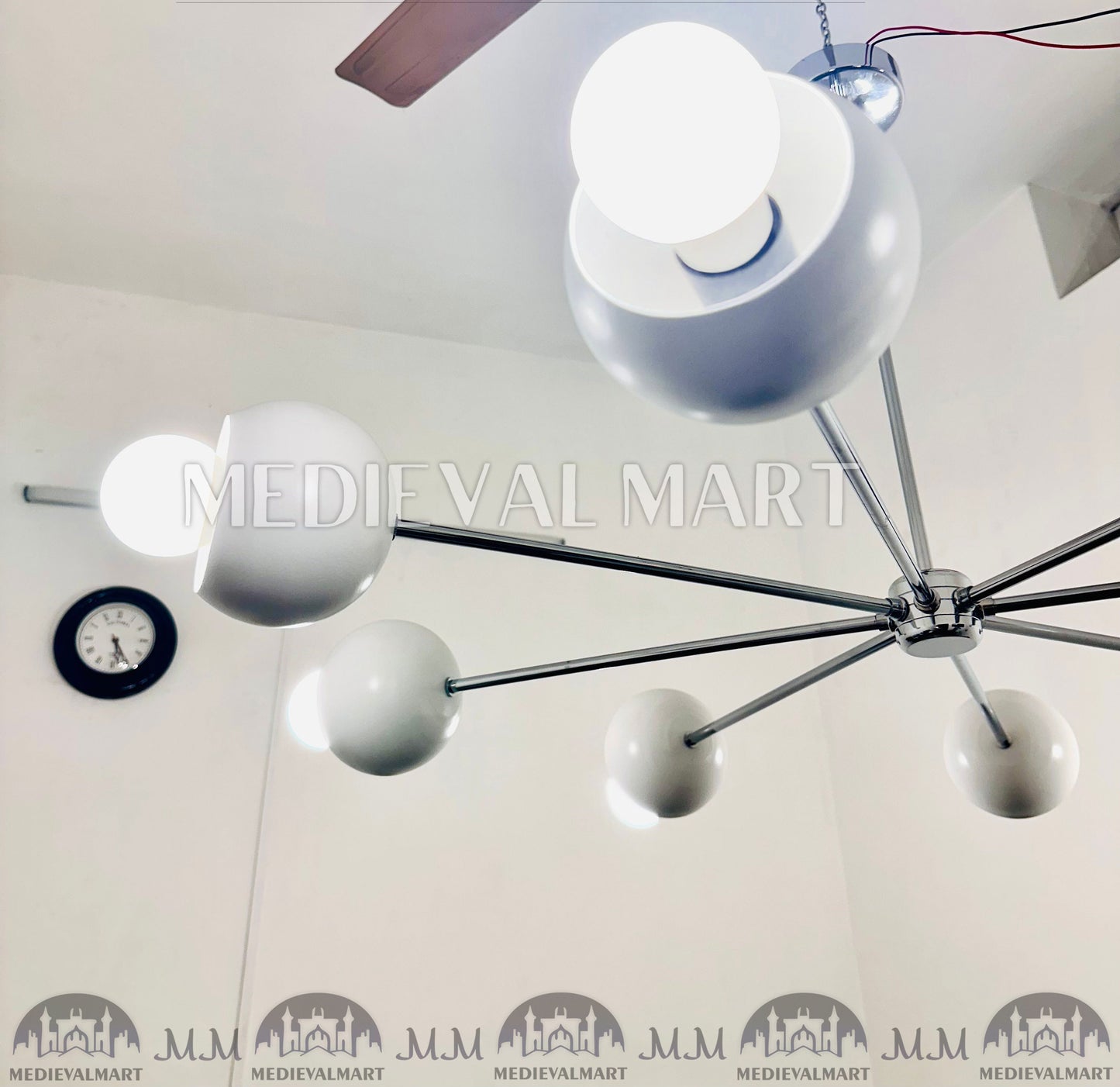 MEDIEVALMART Modern Brass Chandelier 8 White Round Shades Chrome Finish