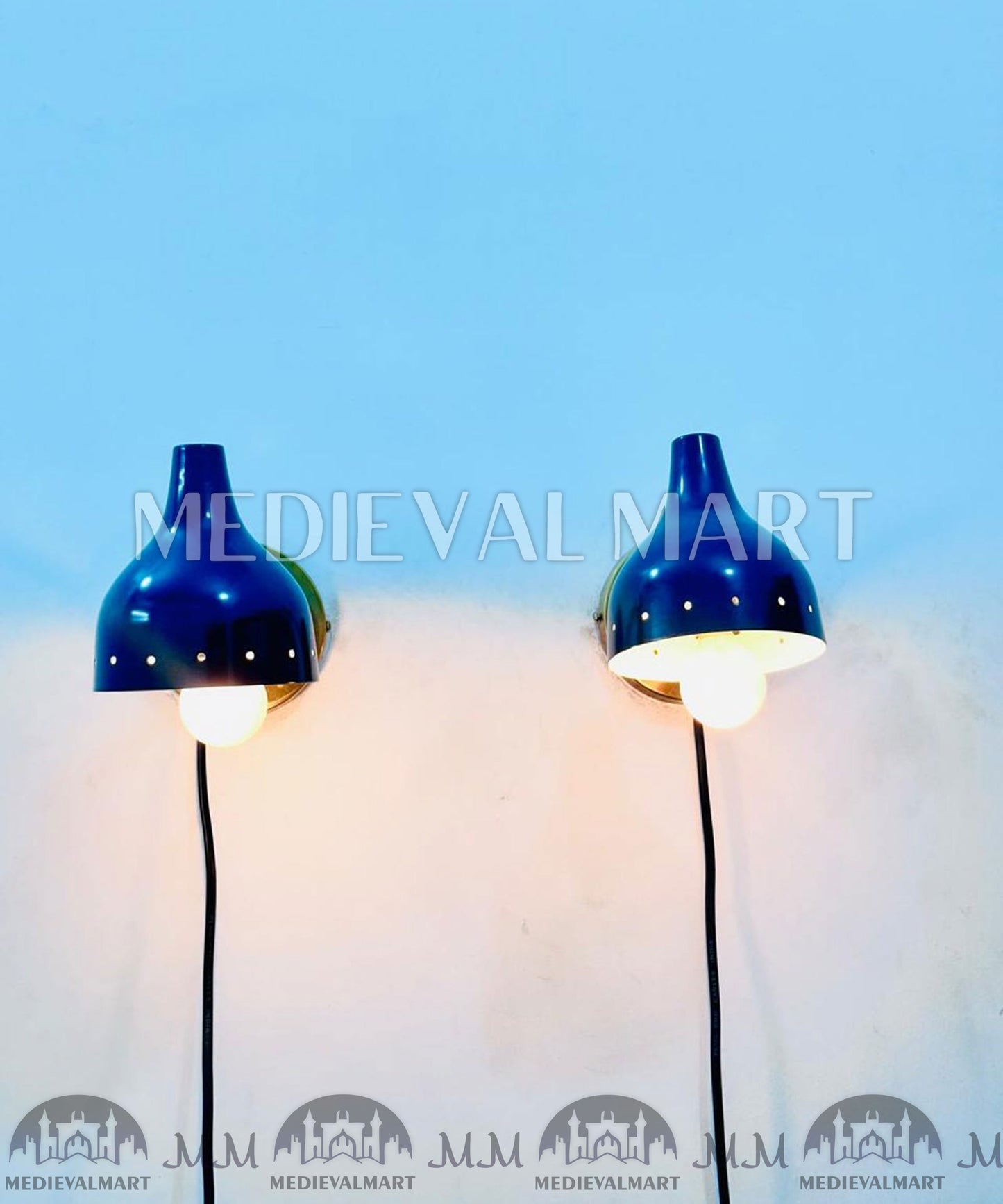 MEDIEVALMART Mid Century Brass Diabolo Wall Sconce: Navy Blue Adjustable Light (Set of Two)