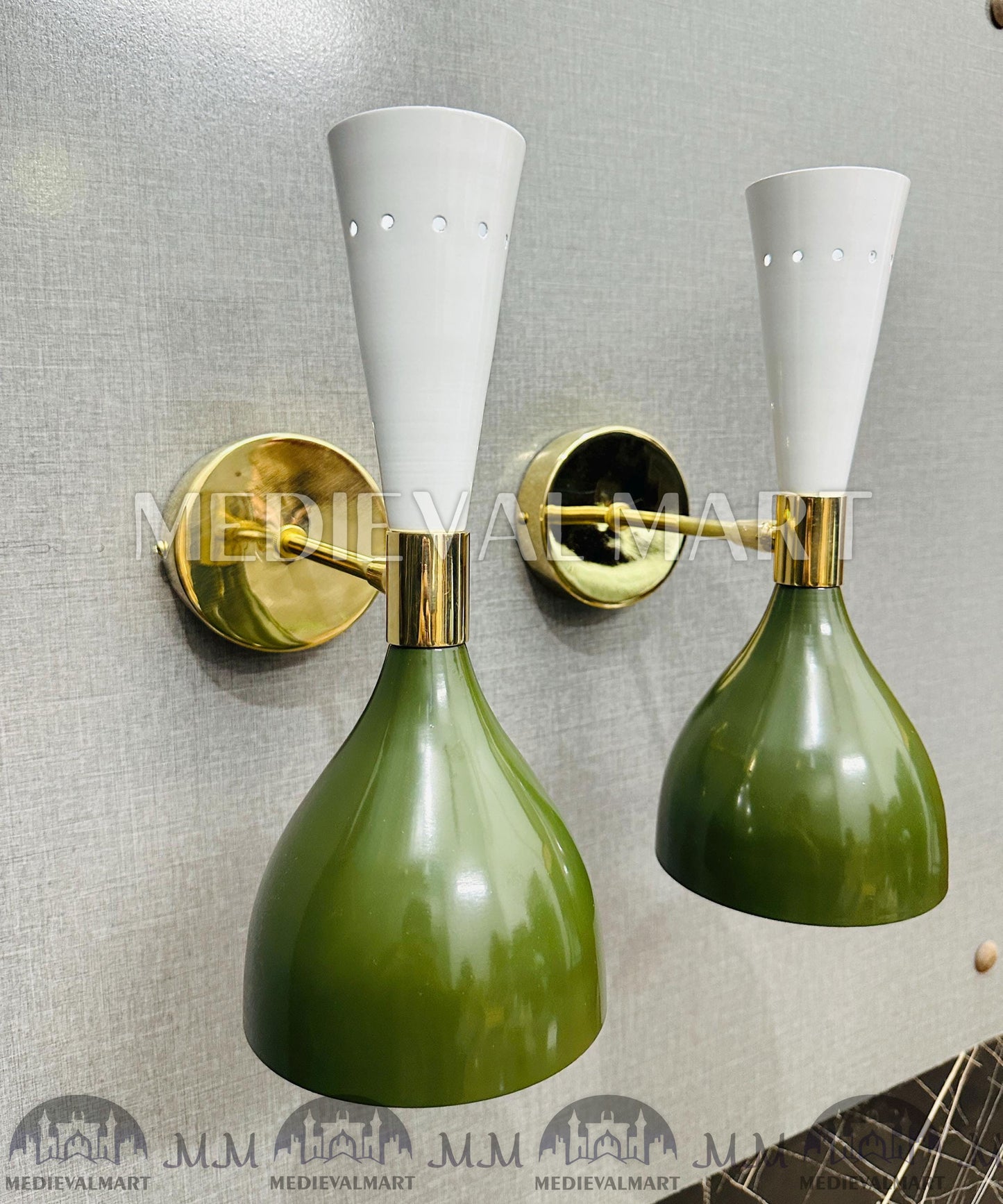 MEDIEVALMART Handmade Brass Double Cone Sconces Olive Green & White Vanity Lights