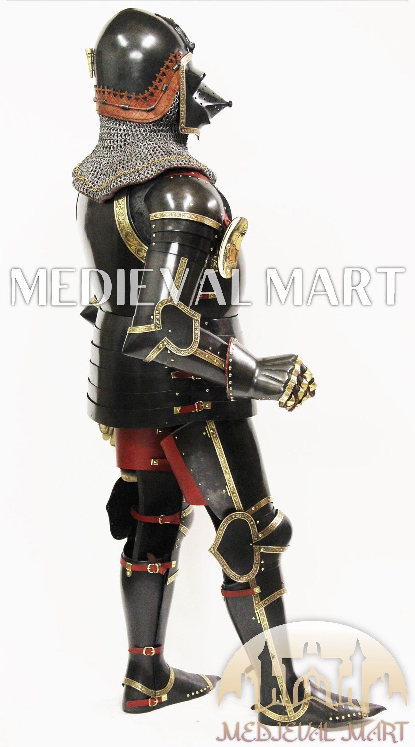 MEDIEVALMART Dark Paladin Imperial Guard Knight  Black & Brass Deco Full Body Metal Armor Costume W/H Houndskull