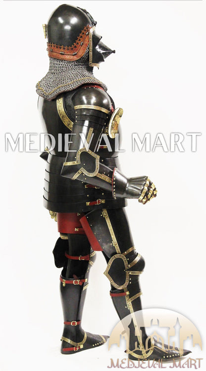 MEDIEVALMART Dark Paladin Imperial Guard Knight  Black & Brass Deco Full Body Metal Armor Costume W/H Houndskull