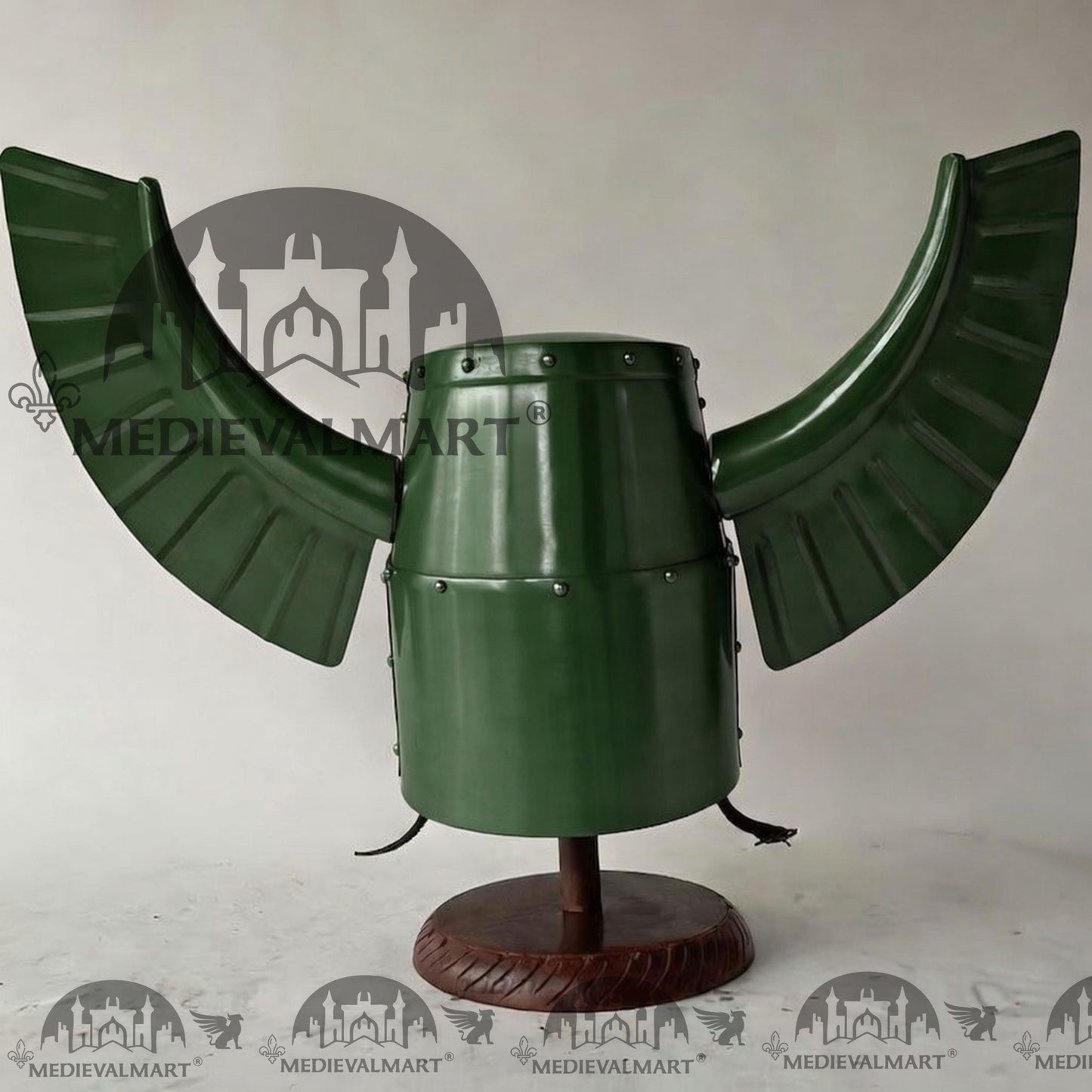 MEDIEVALMART Medieval Templar Warrior Teutonic Jade Green Finish Wing Helmet with Free Stand