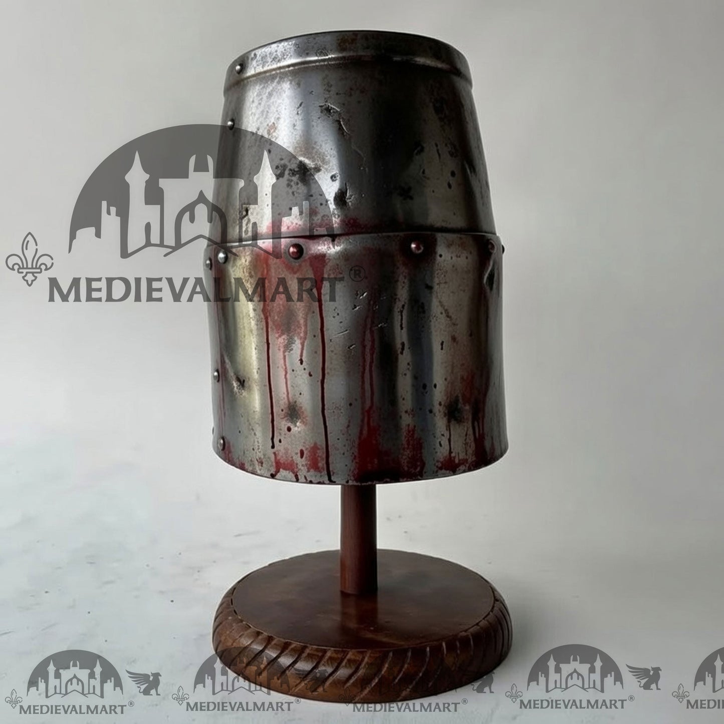 MEDIEVALMART Special Templar Crusader Knight Damage Silver W/H Blood Finish Helmet W/H Free Stand